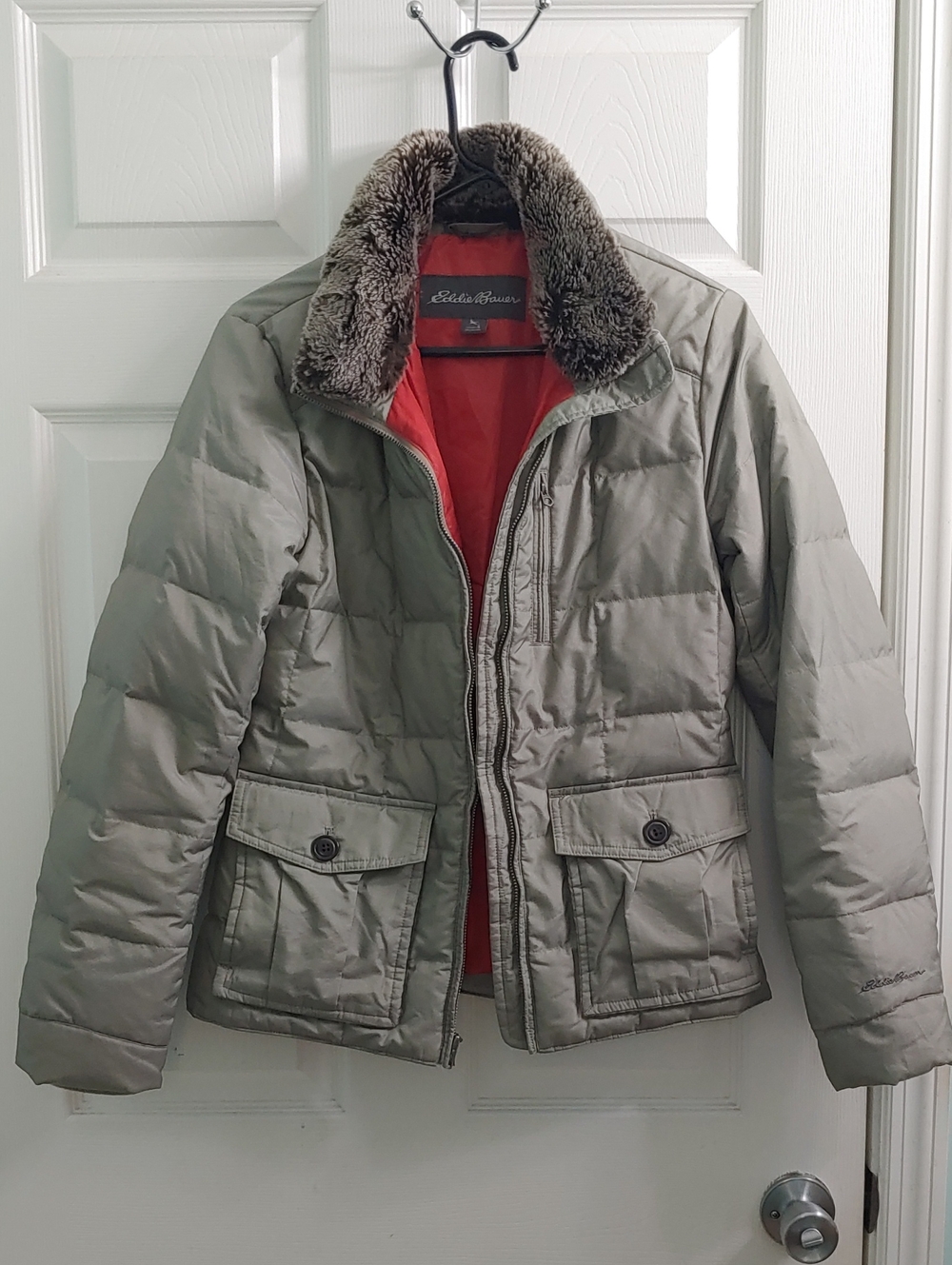 Eddie Bauer Down Jacket Women's S Tan Faux Fur Trim Quilted Puffer Coat